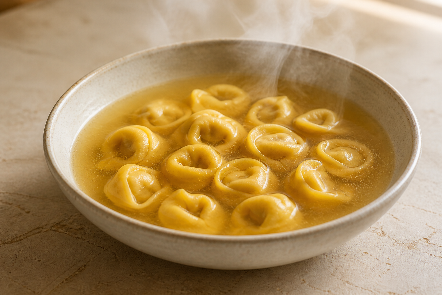 Piatto fumante di tortellini Falconi serviti in brodo dorato