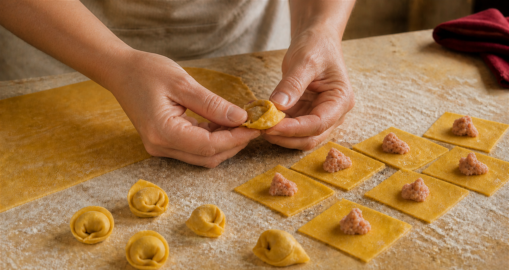 Mani femminili al lavoro mentre preparano i tortellini su un tavolo con sfoglia, quadrati ancora aperti e tortellini già formati