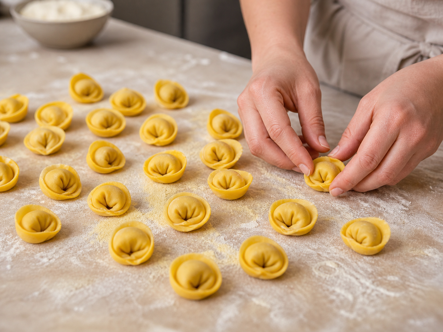 Tortellini freschi lavorati e disposti su un tavolo infarinato