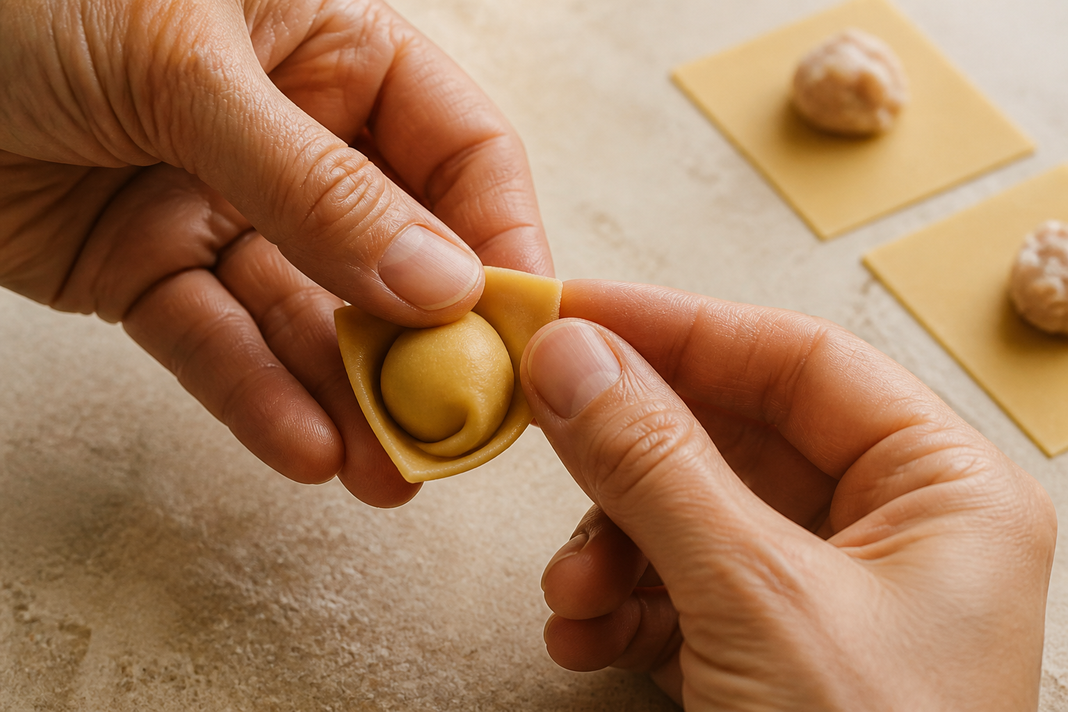 Mani che chiudono con precisione un tortellino di sfoglia fresca